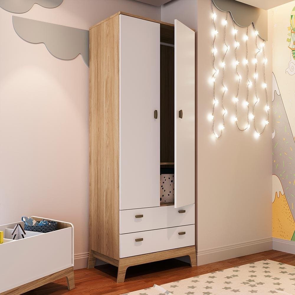 Guarda Roupa Infantil Com 2 Portas E 2 Gavetas Itapuã Com Branco Favo De Marrom Completa Móveis - Branco