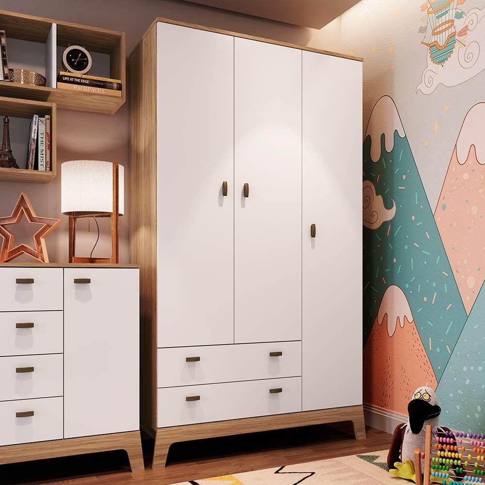 Guarda Roupa Infantil Com 3 Portas E 2 Gavetas Itapuã Com Branco Favo De Marrom Completa Móveis - Branco