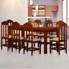 Conjunto Mesa De Jantar Madeira Maciça Safira Com 8 Lugares Estofados Castanho Shop JM
