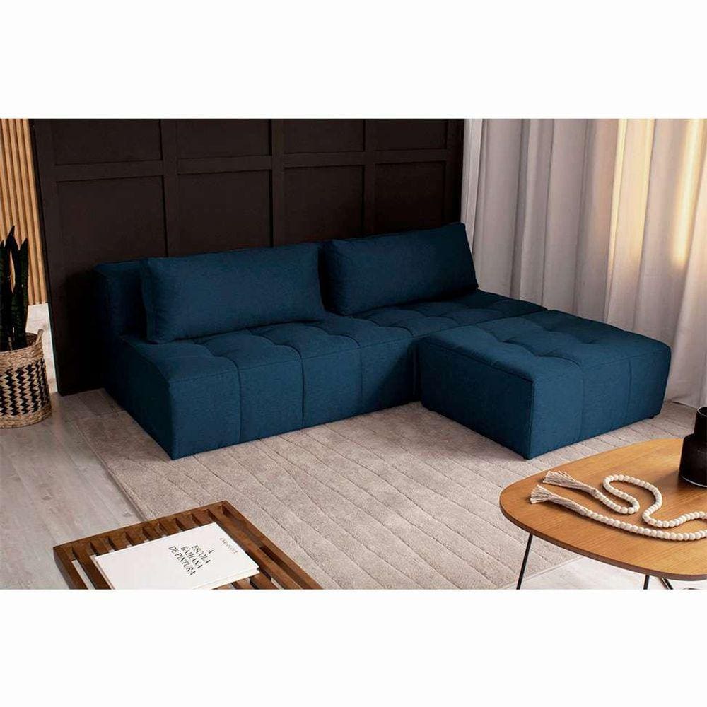 sofá modular 3 lugares com puff soho linho azul marinho