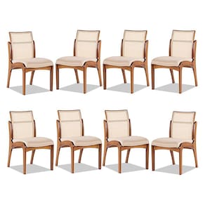 Kit 8 Cadeiras de Madeira com Encosto Rattan para Mesa de Jantar Linho Bege M58