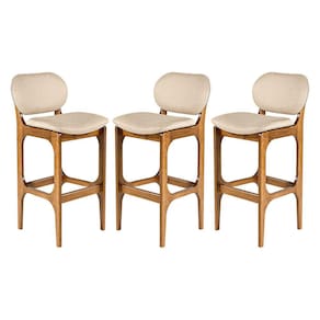 Kit 3 Banquetas Alta com Encosto 50 x 104 Cm Decor Madeira Maciça Imbuia Linho Bege M58 - RMI