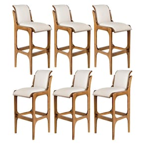 Kit 6 Banquetas Alta para Balcão 37x101Cm Barcelona Madeira Imbuia Linho Bege Cru L71