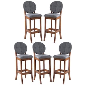 Kit 5 Banquetas Alta Estofada com Encosto Florence 113 x 36 Cm Madeira Maciça Linho Cinza L55