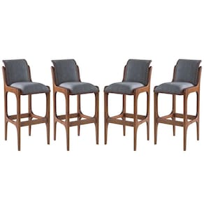 Kit 4 Banquetas Alta Estofada Barcelona 37x101Cm Madeira Maciça Linho Cinza L55