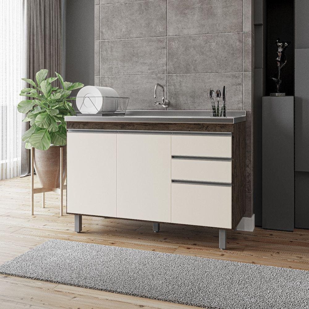 Balcão Gabinete de Pia Premium 120cm Chocoleta/Off Wite S/ Tampo - Nathan