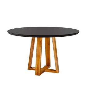 Mesa De Jantar Redonda 120Cm Madeira Maciça E Tampo Com Vidro Preto Stellar Mel/Preto Stellar