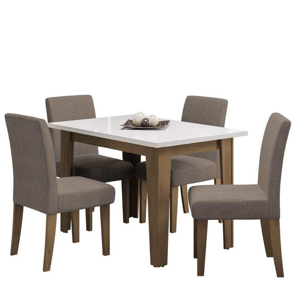 Conjunto De Mesa Sala De Jantar Miami Com 4 Cadeiras Trieste Suede 1,20m Cedro / Off White / Mascavo