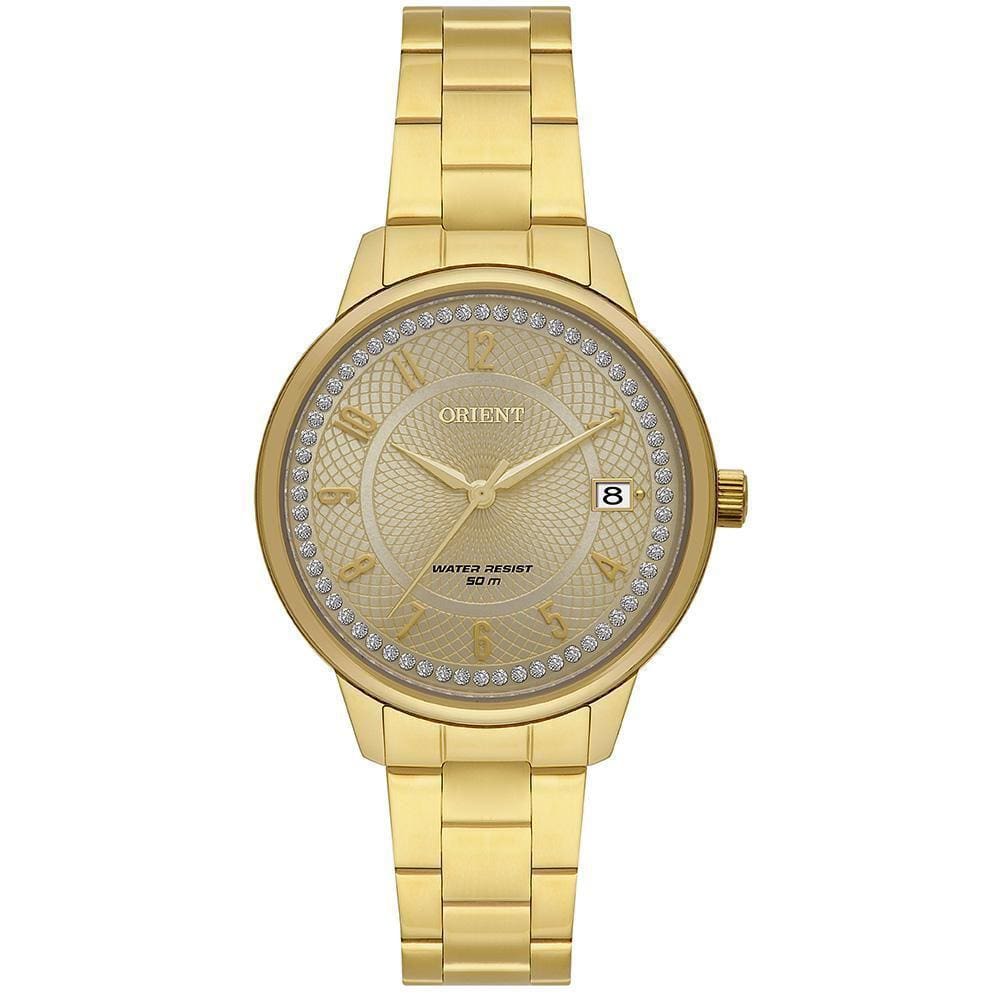 Relógio Orient Feminino Dourado Strass Calendário