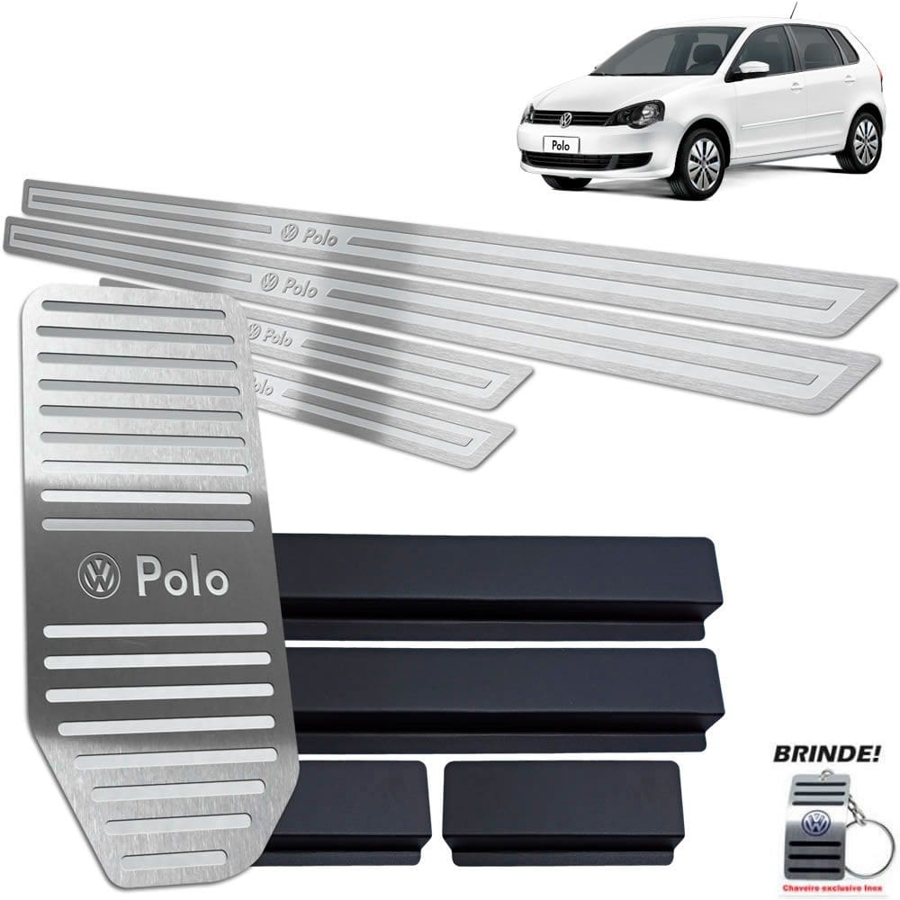 Descanso + Soleiras Vw Polo 2003 a 2015 Prata Alto Relevo