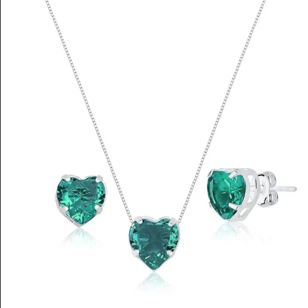 Conjunto zircônia verde agua 45cm prata 925