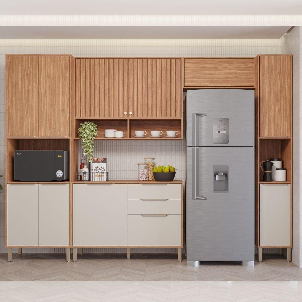 Armário Cozinha Compacta 100%Mdf 5Pçs 2Aéreos 1Torre 1Paneleiro E 1Balcão Divina Mgm Móveis Freijó/Off
