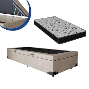 Cama Box Baú Solteiro Colchão Espuma D33 Bordado + Box Bege Suede 53x88x188