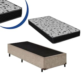 Cama Box Solteiro Colchão Espuma D33 Bordado + Box Bege Suede 44x88x188