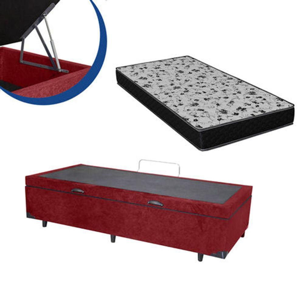 Cama Box Baú Solteiro Colchão Espuma D33 + Box Suede Vinho 53x88x188