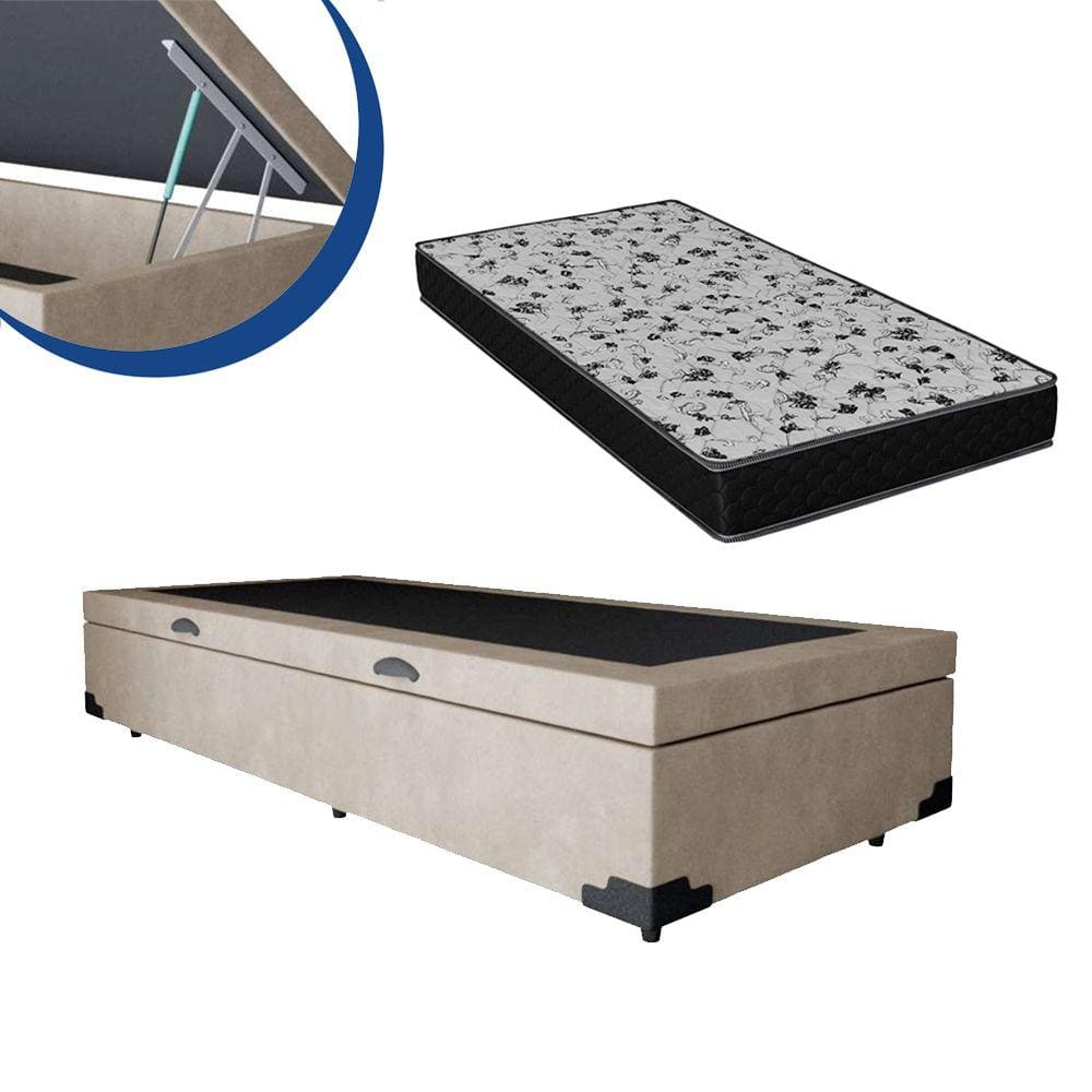 Cama Box Baú Solteiro Colchão Espuma D33 Bordado + Box Bege Suede 53x88x188
