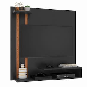 Painel Suspenso Para Tv Smart até 32 Polegadas Com Prateleira Organizadora Quarto Sala Pequena - Preto/ Nature - Mania Móveis