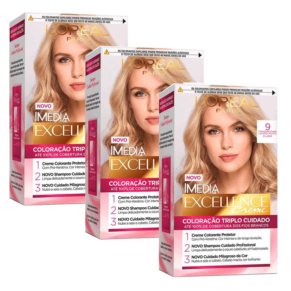 Kit Tintura Imédia Excellence L`Oréal Louro Muito Claro 9 - 3 Unidades