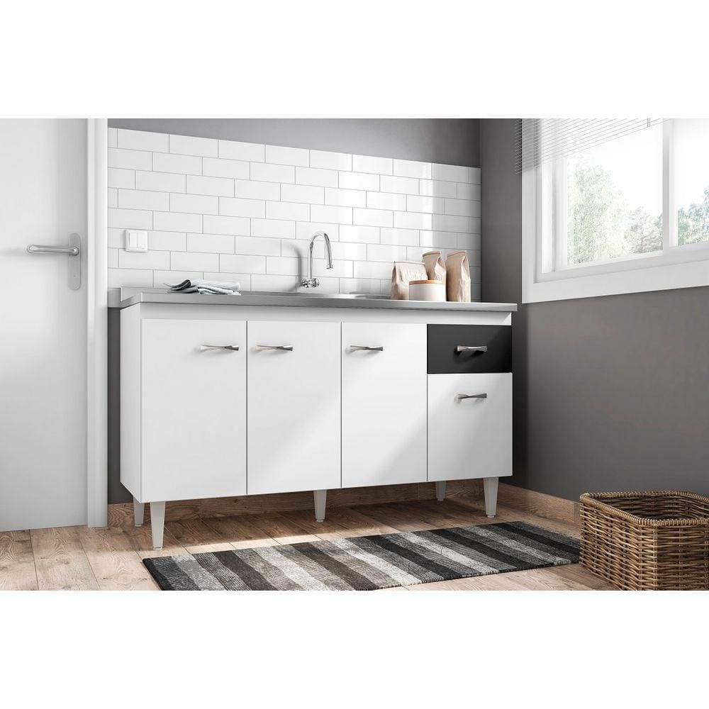 Gabinete de Pia Armário Gabriela 150cm Branco/Preto S/Tampo - AJL Móveis