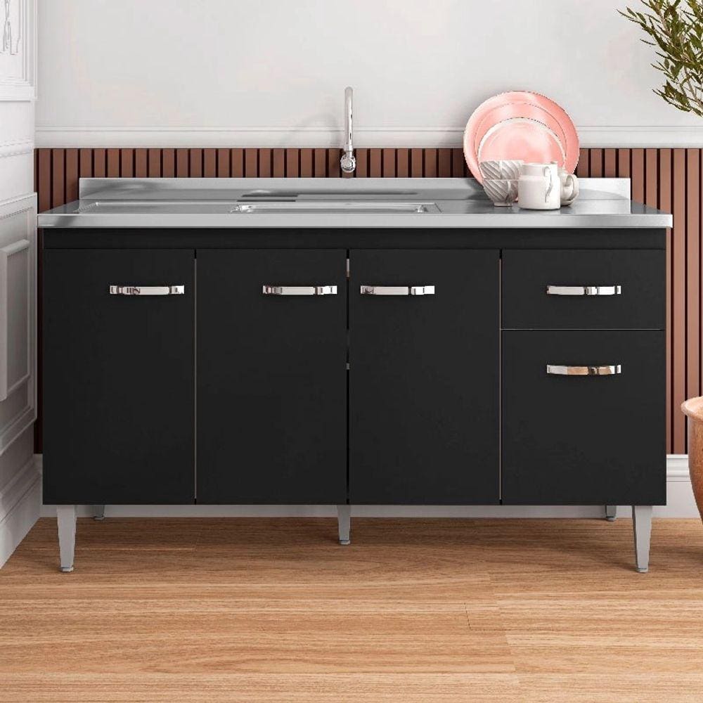 Gabinete de Pia Armário Gabriela 150cm Preto S/Tampo - AJL Móveis