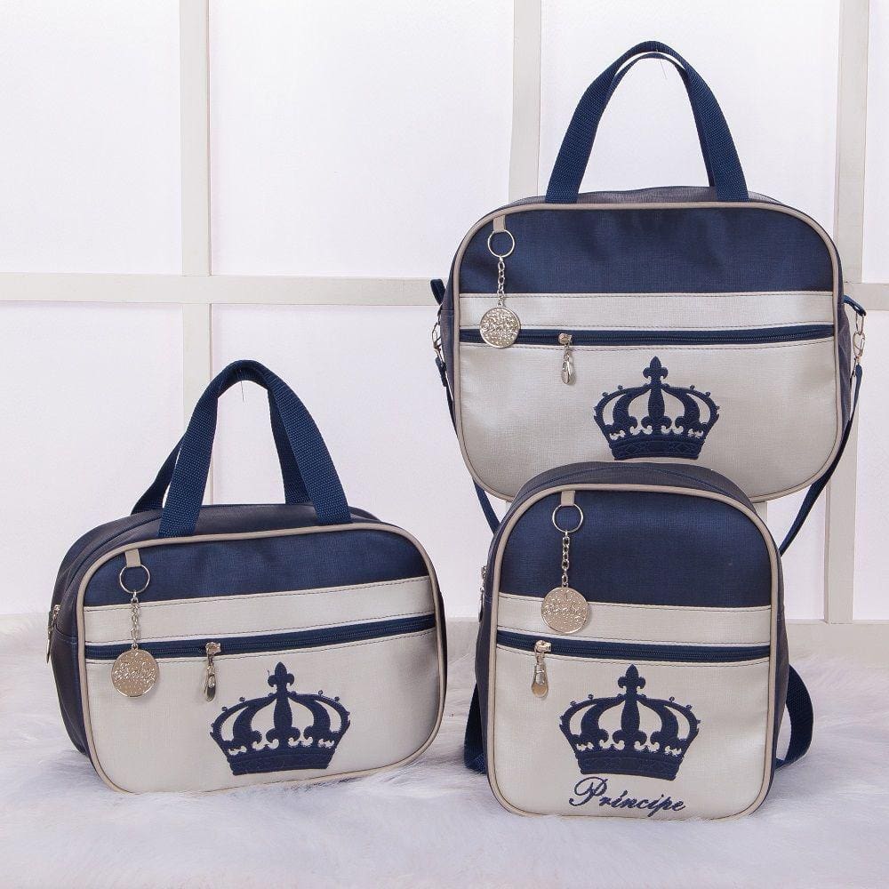 Kit De Bolsas Saída Maternidade Imperial Marinho Com Cinza 3 Peças