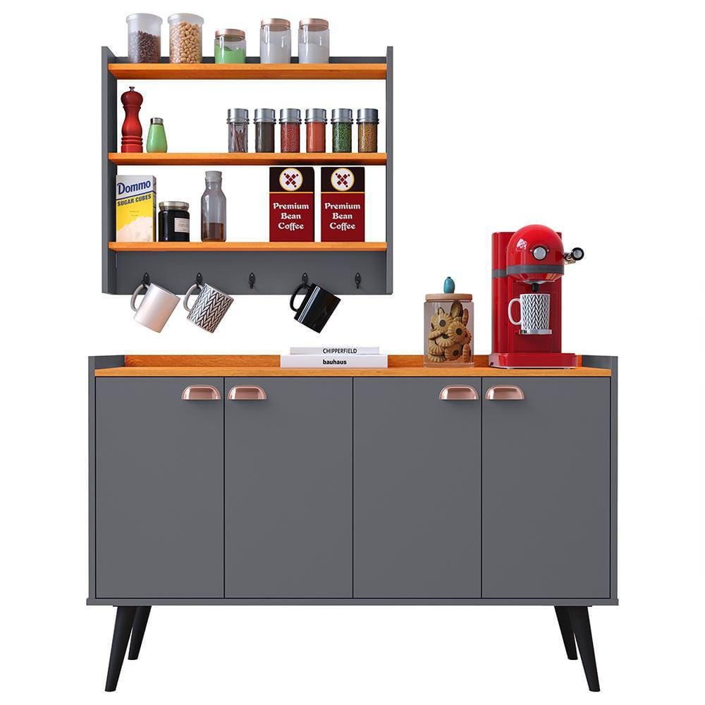 Kit Cozinha Sala Jantar Aparador Buffet Kiev Pés Palito Armário Parede Amélia Suspenso Prateleiras Organizadoras - Cinza/Cinamomo - RPM Móveis