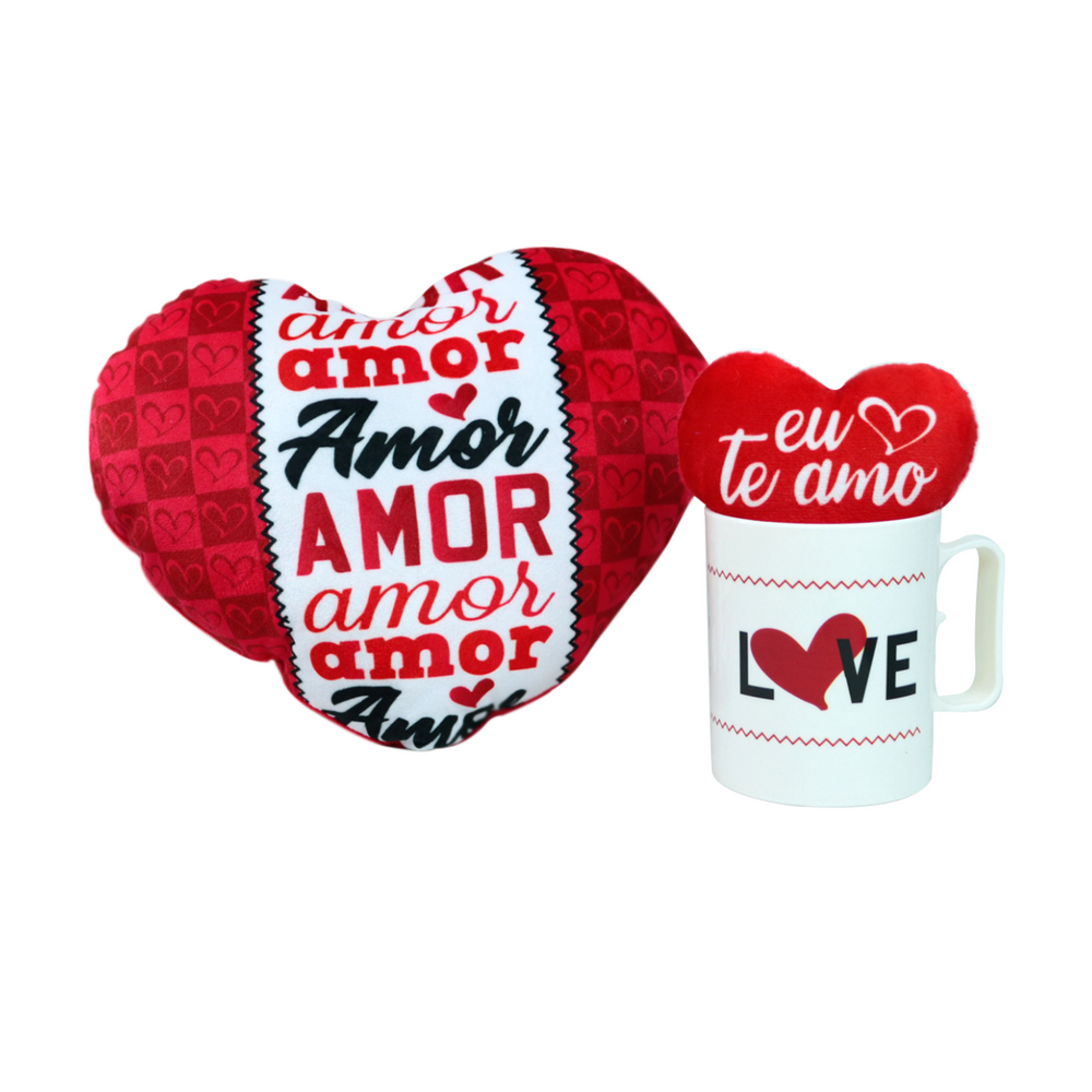 Kit Presente Caneca Plástico, Coração, Mini Coração Chaveiro