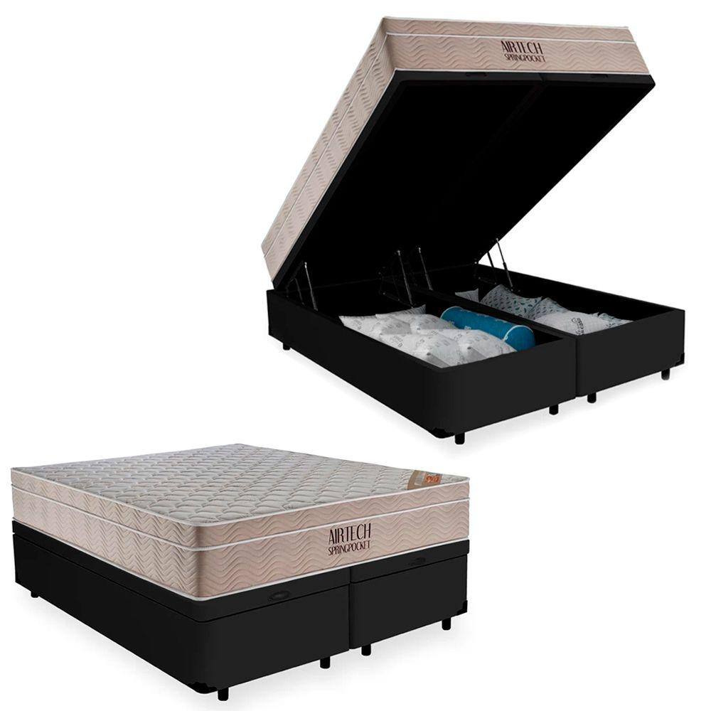 Cama Box Baú Queen Suede Bipartido + Colchão Queen Molas Ensacadas AirTech Ortobom 69x158x198 - Preto