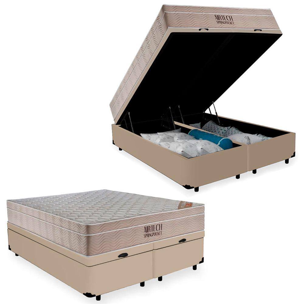 Cama Box Baú Queen Suede Bipartido + Colchão Queen Molas Ensacadas AirTech Ortobom 69x158x198 - Bege