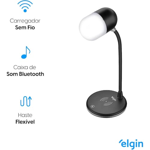 Luminária LED de Mesa 3 em 1 2700-6500k Elgin Com carregador Sem Fio e Caixa de Som Bluetooth Preta