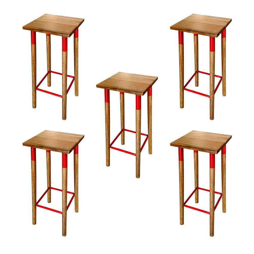 Kit 5 Banquetas Bistro Industrial Colors Ferro e Madeira Maciça - Vermelha