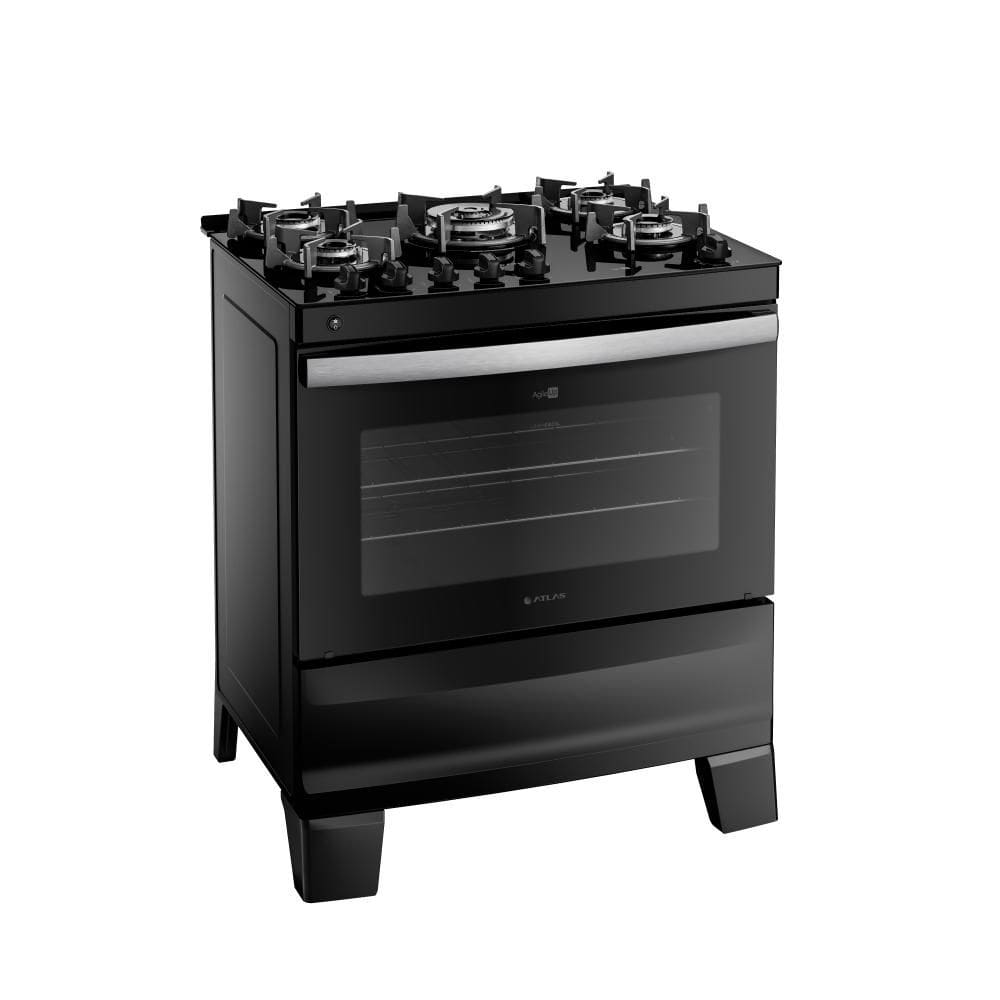 Fogão 5 Bocas Atlas Agile Up Glass com Mesa de Vidro Bivolt Preto