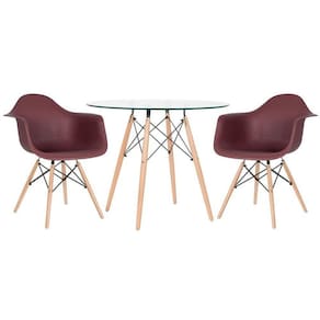 Mesa Redonda Eames Com Tampo De Vidro 90 Cm + 2 Cadeiras Eiffel Daw Marrom