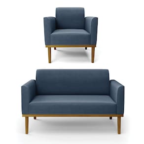 Sofá Namoradeira com Poltrona Base de Madeira Fixa Castanho Marisa Suede Azul Marinho - D`Rossi