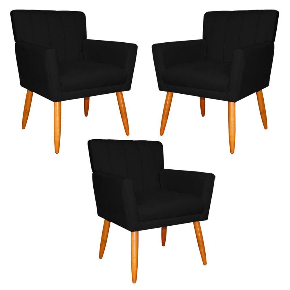 Kit 3 Poltronas Decorativa para Sala de Estar Cecília Suede Preto - Montanaris Decor