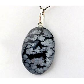 Colar Cabochão Oval Pedra Obsidiana Flocos de Neve Prata