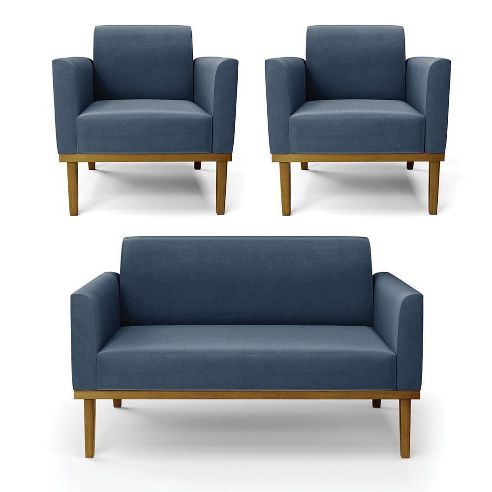 Sofá Namoradeira com 2 Poltronas Base de Madeira Fixa Castanho Marisa Suede Azul Marinho - D`Rossi