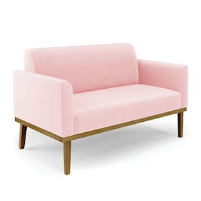Sofá Namoradeira Base de Madeira Fixa Castanho Marisa Suede Rosa Bebê - D`Rossi