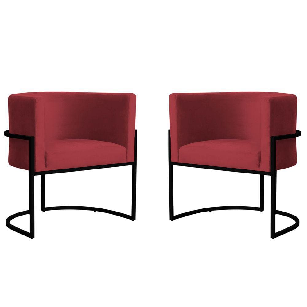 Kit 2 Poltronas Decorativa Sala de Estar Luana Base Preta Veludo Vermelho - Montanaris Decor