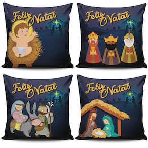 Kit c/ 4 Almofadas Cheias Estampadas Natalinas Feliz Natal Família Sagrada 45cm x 45cm com Refil - Decoração Fim de Ano