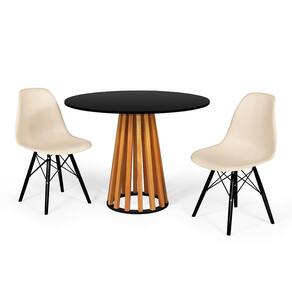Conjunto Mesa de Jantar Redonda Talia Amadeirada Preta 100cm com 2 Cadeiras Eames Eiffel Base Preta - Nude