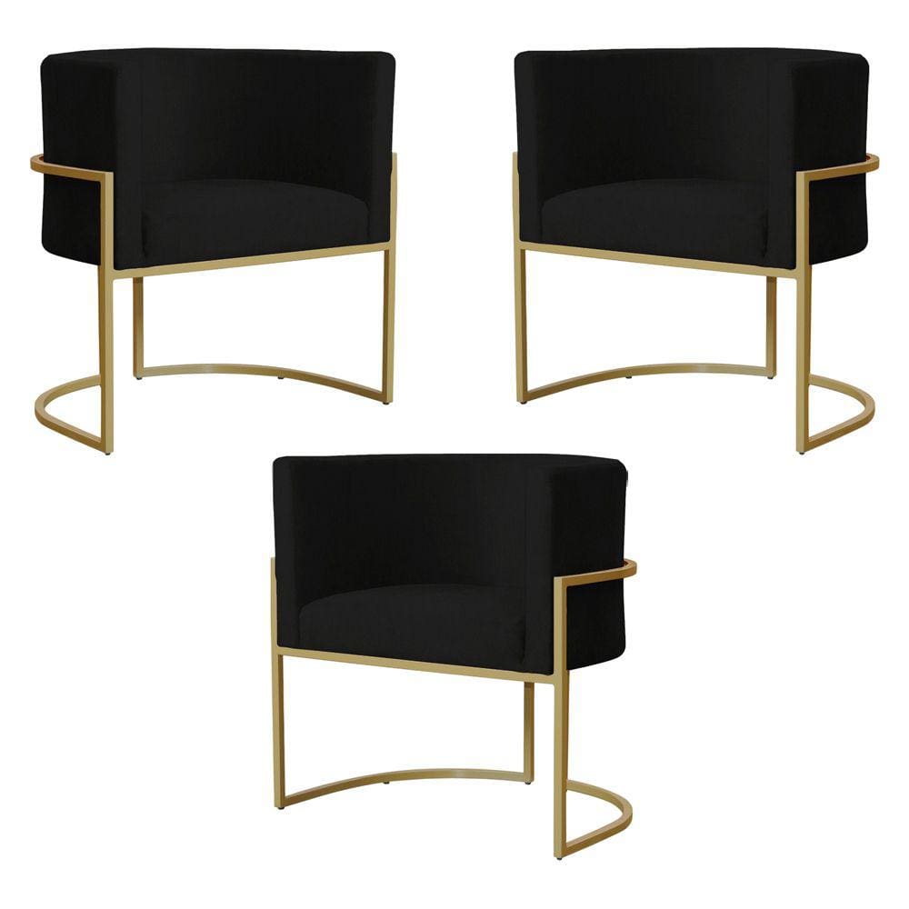 Kit 3 Poltronas Decorativa Sala de Estar Luana Base Gold Suede Preto - Montanaris Decor