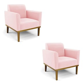 Kit 2 Poltronas Base de Madeira Fixa Castanho Marisa Suede Rosa Bebê - D`Rossi