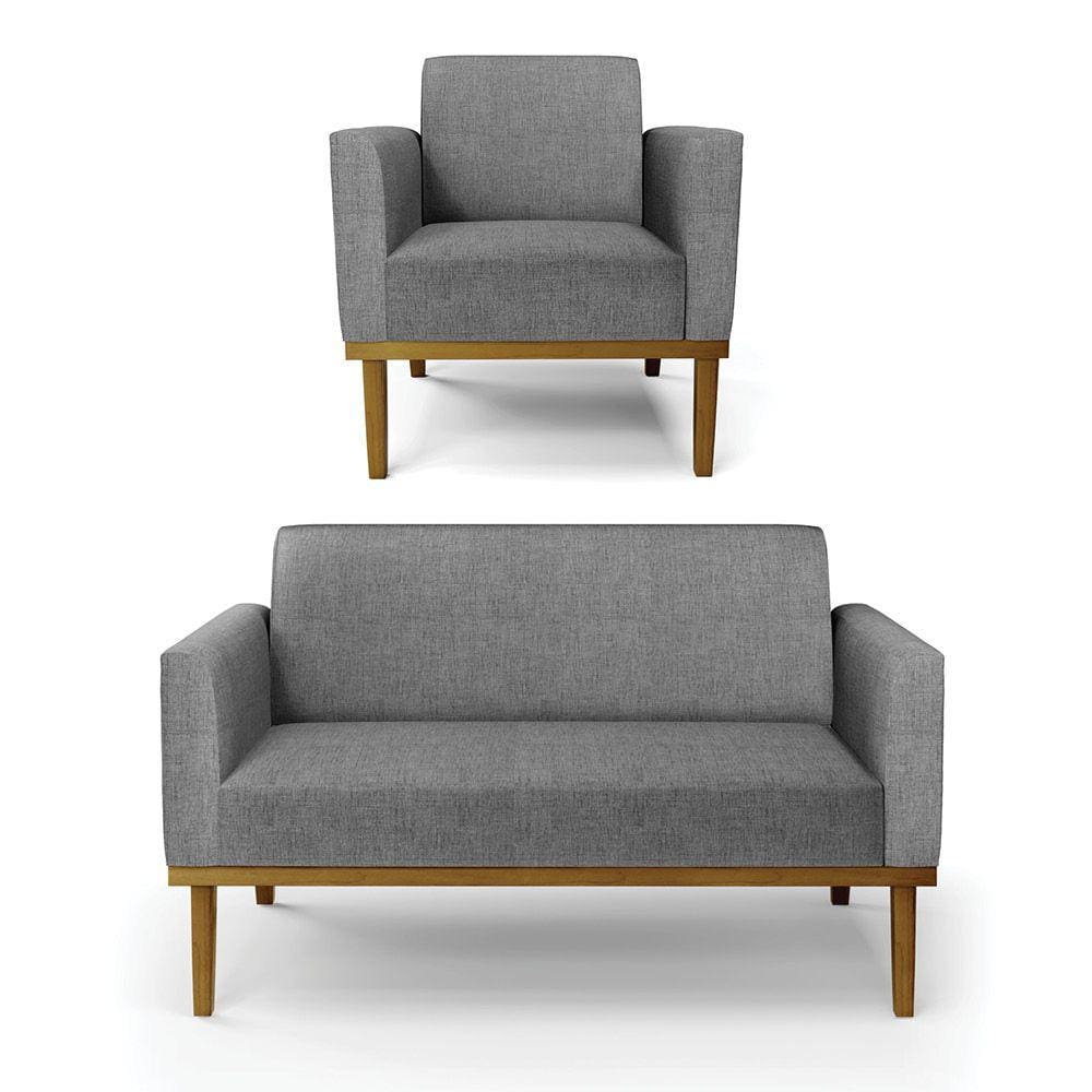 Sofá Namoradeira com Poltrona Base de Madeira Fixa Castanho Marisa Linho - D`Rossi