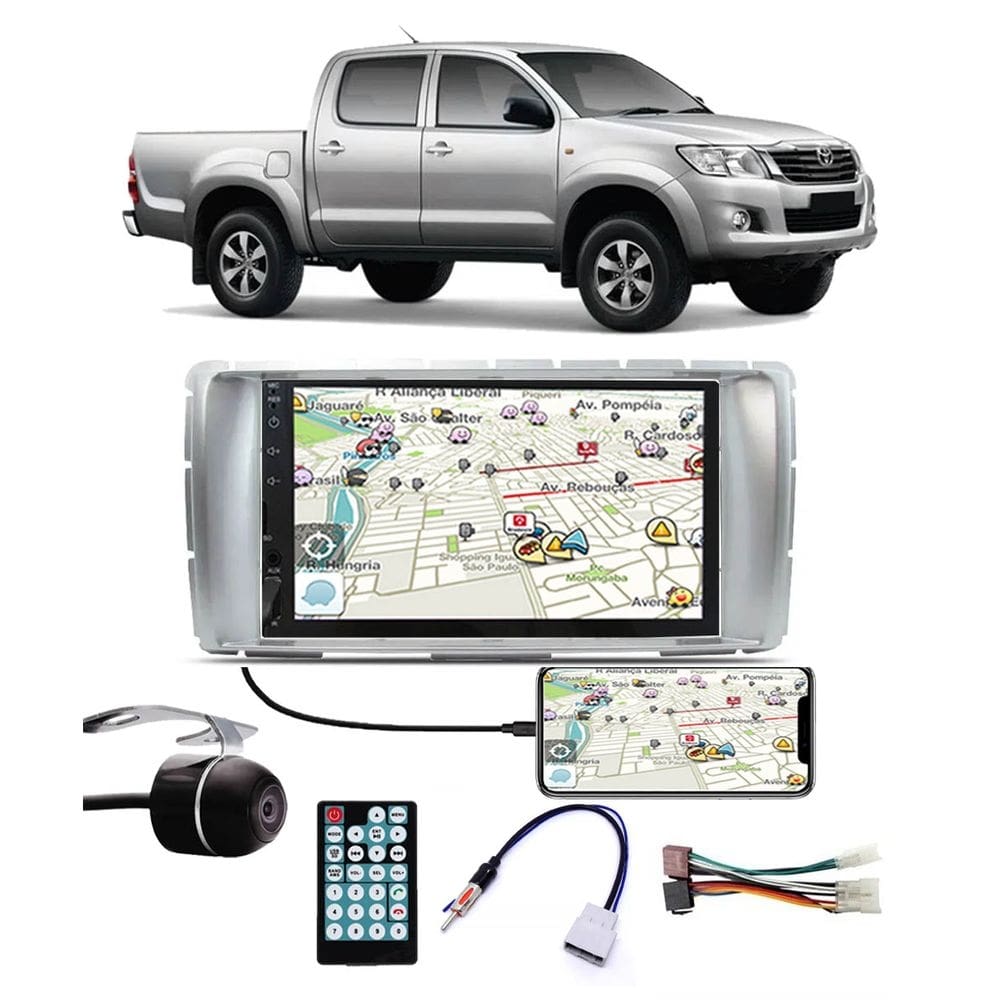 Multimídia Toyota Hilux SRV Cabine Dupla 2012 a 2015 Espelhamento Bluetooth USB SD Card + Moldura + Câmera Borboleta + Adaptador Antena + Chicotes