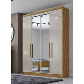 Guarda Roupa Solteiro com Espelho 4 Portas 3 Gavetas - Moderni -Cumaru/Fendi - Móveis Novo Horizonte