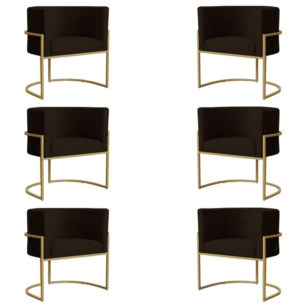 Kit 6 Poltronas Decorativa Sala de Estar Luana Base Gold Suede Marrom - Montanaris Decor