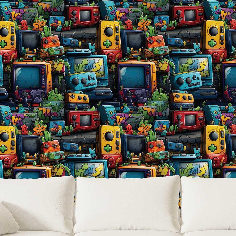 Papel de Parede 3D Grafite Gamer Colorido Auto colante Arte geek quarto sala Lavavel 15m