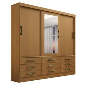 Guarda Roupa Casal com Espelho 3 Portas 9 Gavetas - Meridian -Cinamomo - Móveis D`Doro