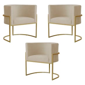 Kit 3 Poltronas Decorativa Sala de Estar Luana Base Gold Suede Bege - Montanaris Decor